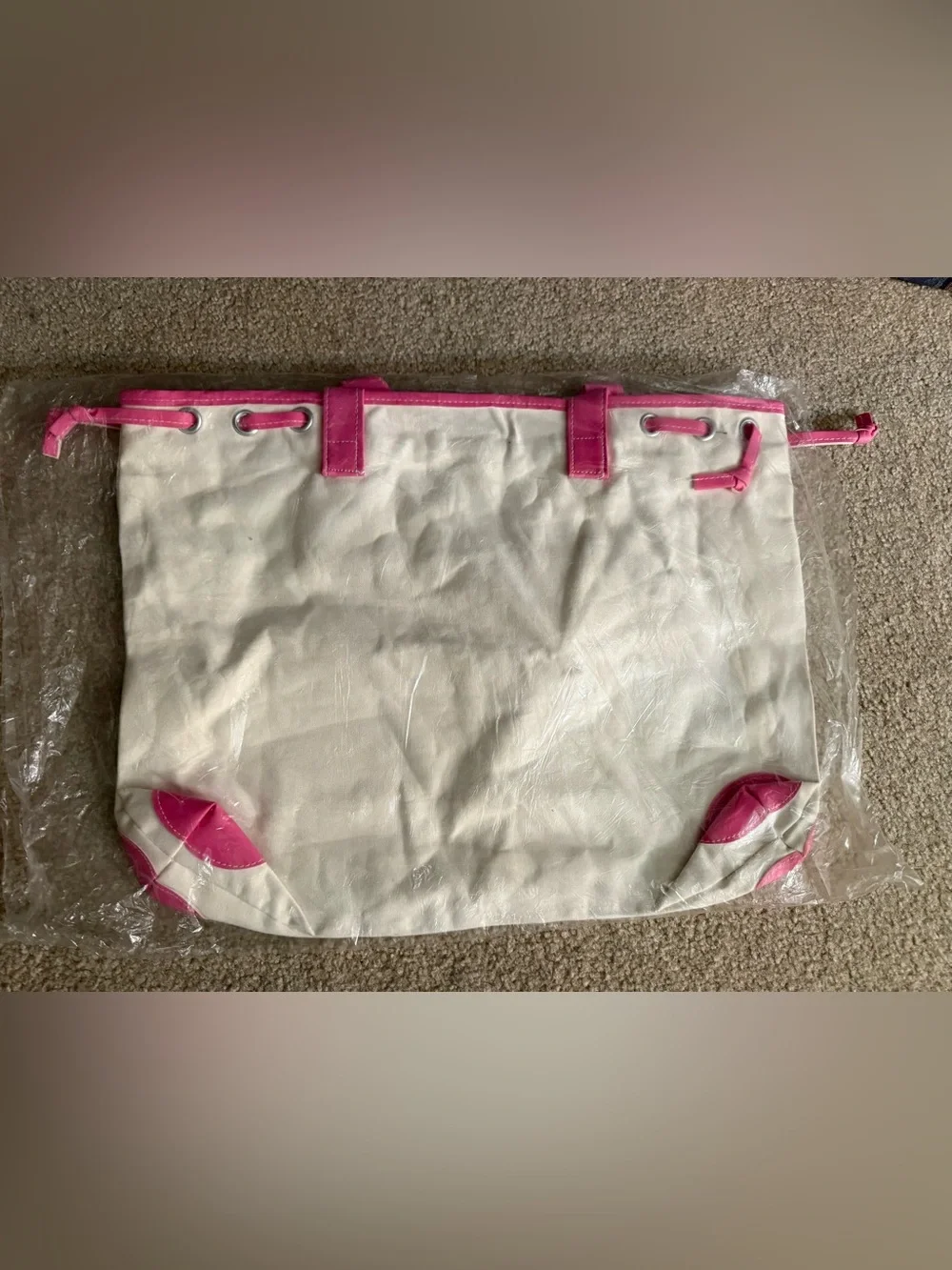 Canvas Tote Bag with Illustrated Girl - Pink & White
